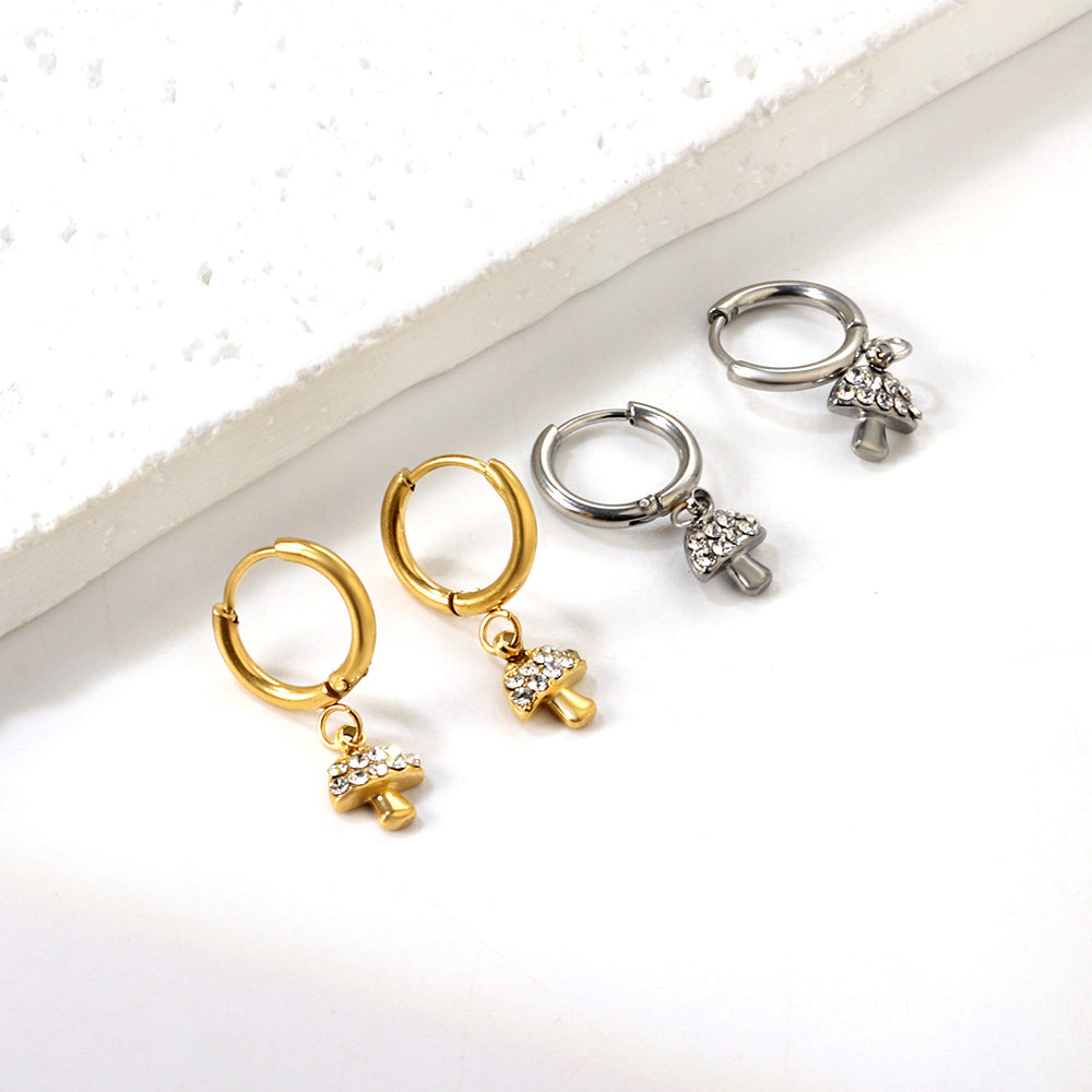 1.6x10mm circle with mushroom white diamond stud earrings asonjewelry